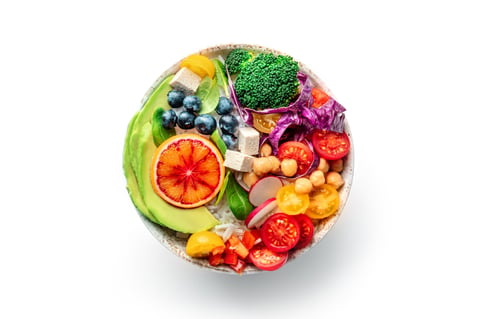 Rainbow salad vegan poke bowl with avocado healthy food